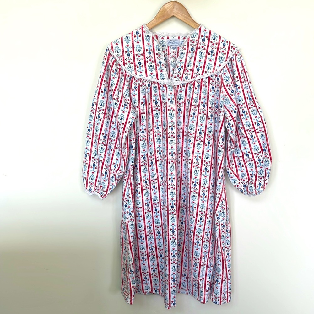 Lanz of Salzburg Nightgown 100% Cotton Flannel White Red Blue Cozy Modest Size M